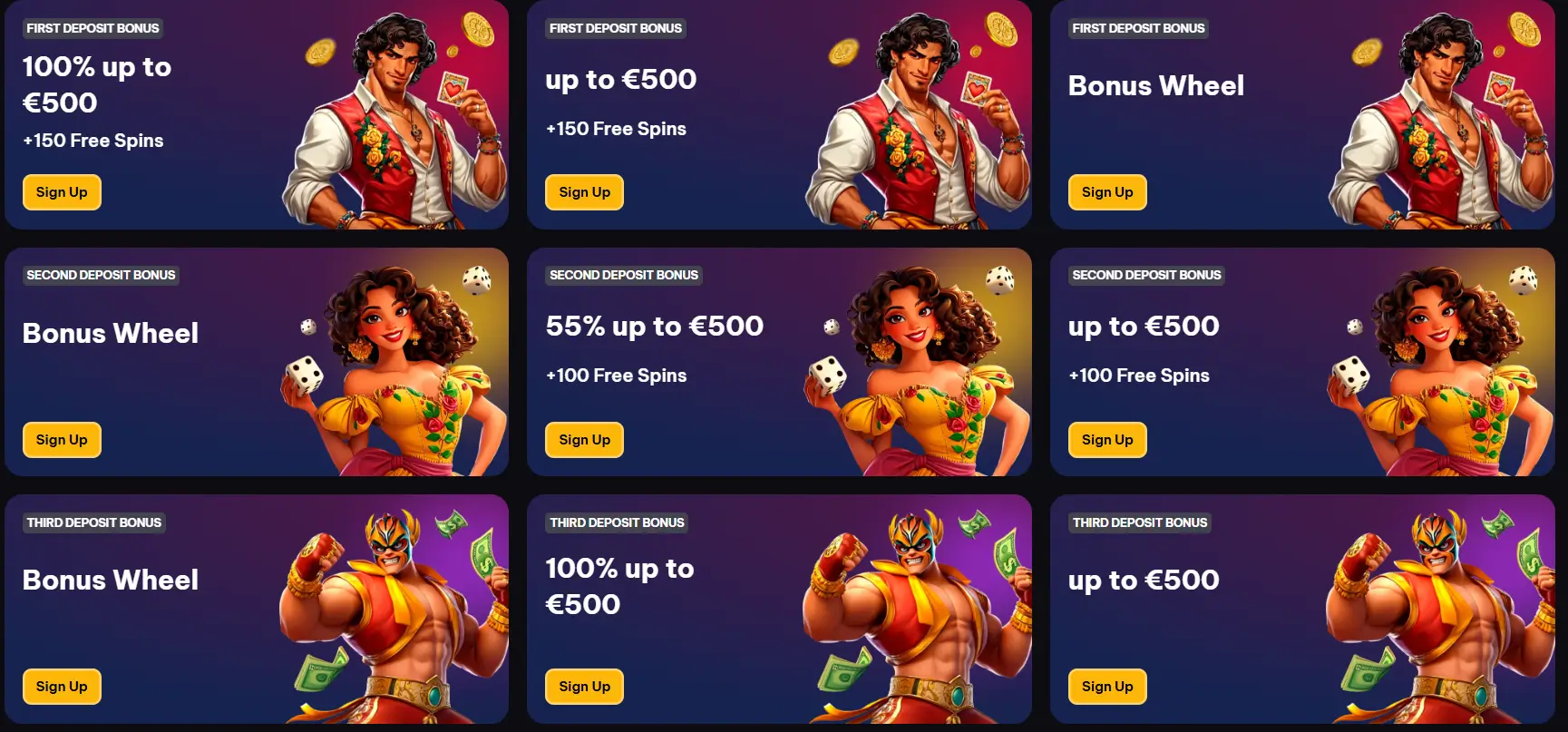 Spinmacho Casino Bonusseite mit Einzahlungsboni und Freispiele.