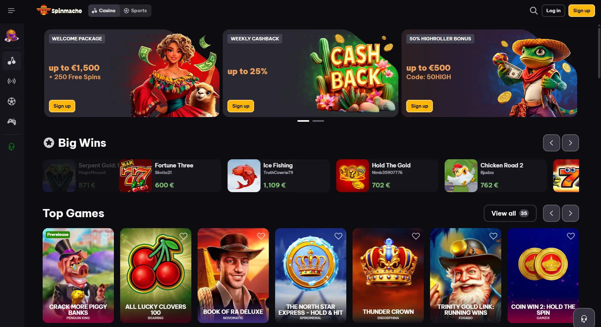 Spinmacho Online Casino Startseite mit Boni und Top Spielen.